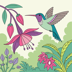 Vibrant hummingbird in flight feeding from a blooming fuchsia flower in a lush garden setting