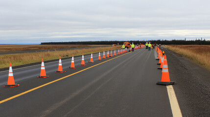 Fototapeta premium Road construction scene with workers and safety cones. Maintenance crew performs work on highway in rural area.
