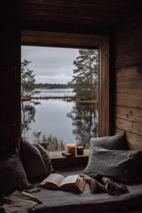 Cozy reading corner with a serene view of the lake and soft candlelight during a peaceful afternoon