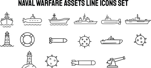 set icons set of naval warships, submarines, aircraft carriers, torpedoes, naval mines, lighthouses, ship wheels, artillery arranged representing maritime defense, navy operations, military technology