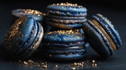 Delicious blue macarons with gold glitter for dessert bakery sweet treat