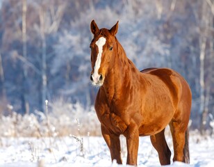 A brown horse in a snowy landscape