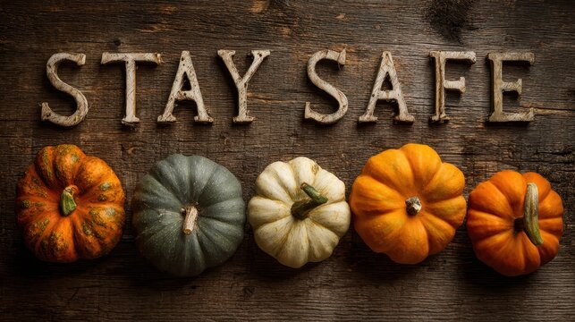Thanksgiving Table with Pumpkins and a Stay Safe Message on Rustic Wood Board During COVID-19 - Powered by Adobe
