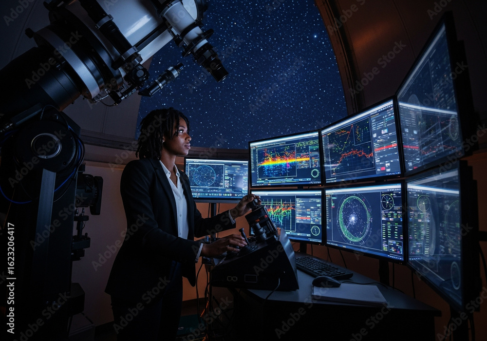 Poster woman scientist using computers in observatory at night