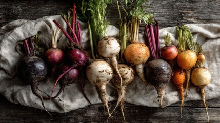 Vibrant assortment of fresh root vegetables on rustic cloth for healthy cooking and farm-to-table design