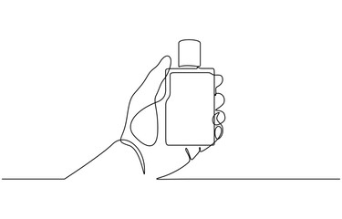 Continious one line drawing of Hand holding perfume fragrance bottle vector illustration. Editable outline