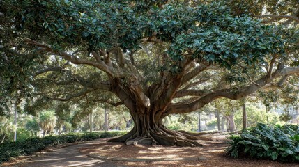 Naklejka premium Lush Ficus Tree in Sydney Botanical Gardens: A Thriving Moreton Bay Tree Surrounded by Nature's Beauty in Australia
