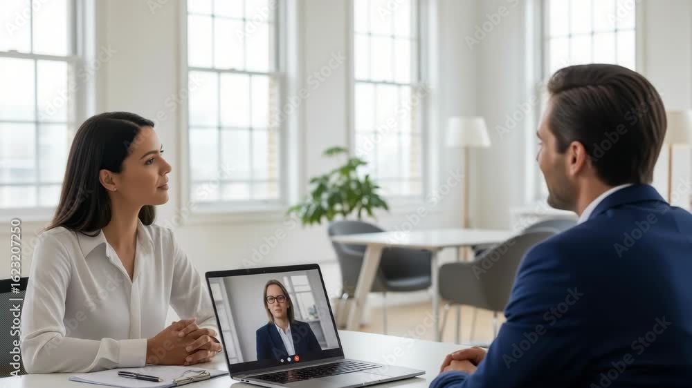 Poster a professional video conference between two business people in a modern office setting with a laptop