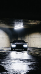A sleek dark car illuminates a wet, moody underground space. Headlights shine brightly on the reflective concrete floor.