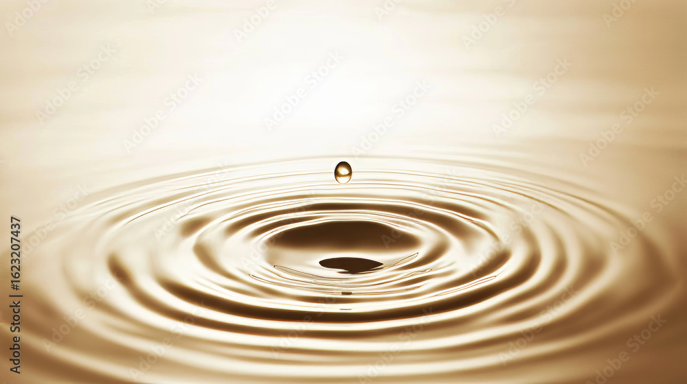 Poster golden liquid drop creates perfect ripple patterns. this mesmerizing abstract background shows fluid