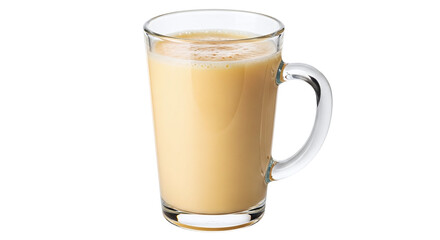 A clear glass mug filled with a light brown beverage against a black background in a studio shot
