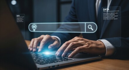 Hands typing on laptop with AI search bar interface, representing artificial intelligence, smart search engine, data analysis, machine learning, digital assistant, and intelligent information system.	