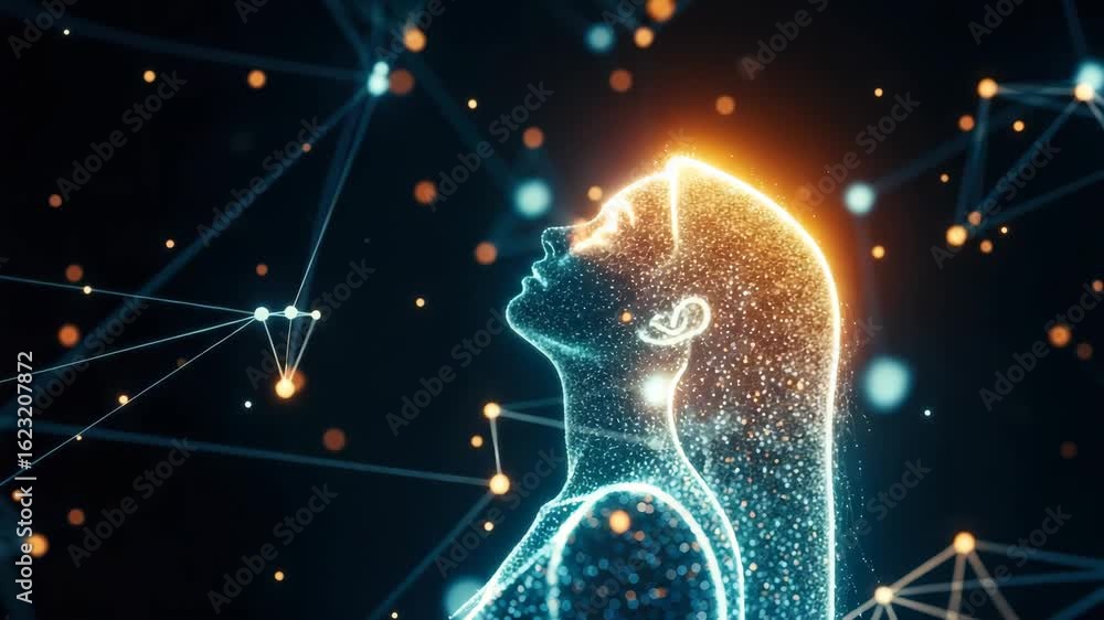 Poster a digital silhouette of a woman with flowing hair illuminated by glowing particles and interconnecte