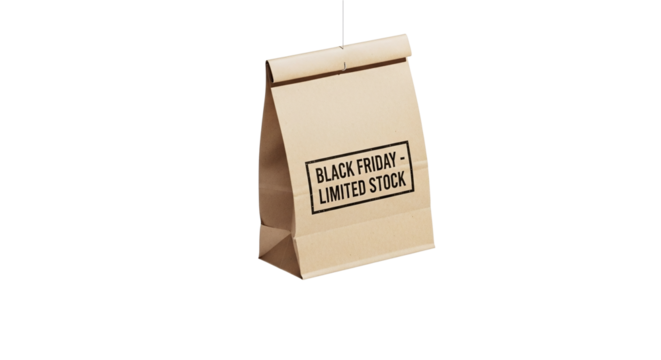 A tan paper bag with a black friday limited stock label isolated