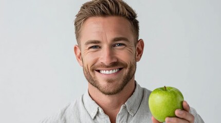 Cheerful man holding green apple and smiling in bright environment