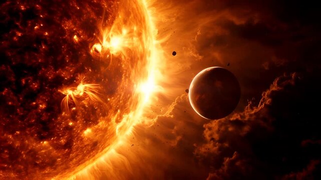 A vivid, fiery depiction of a celestial body, possibly a sun or a celestial phenomenon, set against a backdrop of swirling clouds and a radiant sun.