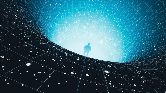 Silhouette of a man observing a black hole in the vast cosmos