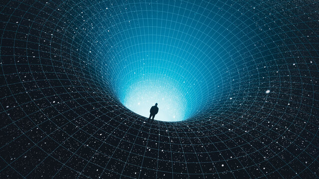 Silhouette of a man observing a black hole in the vast cosmos