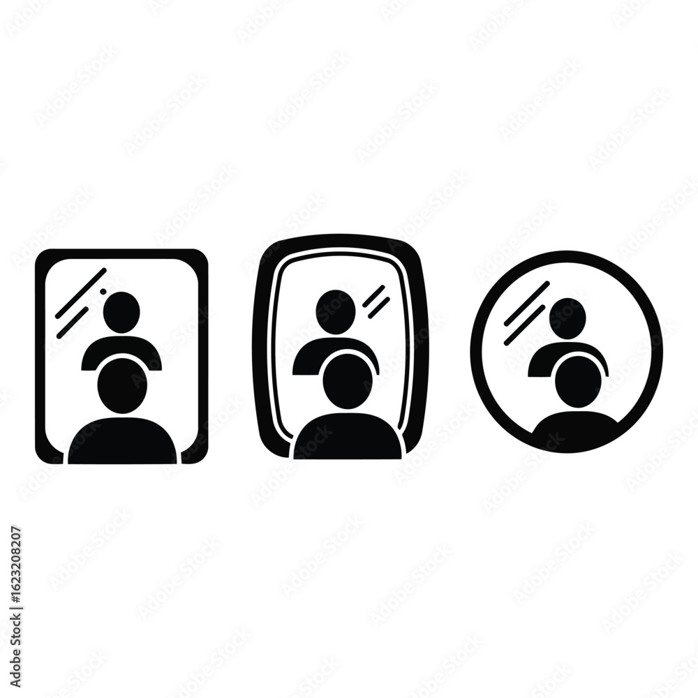 Poster art of three stylized icons of a person looking into mirrors of different shapes, isolated on a whit