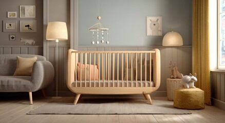 Nursery room interior design with wooden crib and soft decor