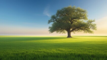 Fototapeta premium Majestic Old Oak Tree Standing Alone in a Lush Green Summer Meadow. Solitary Ancient Tree in Wide Open Green Field Under Bright Blue Sky. Peaceful Summer Landscape with Lone Large Tree