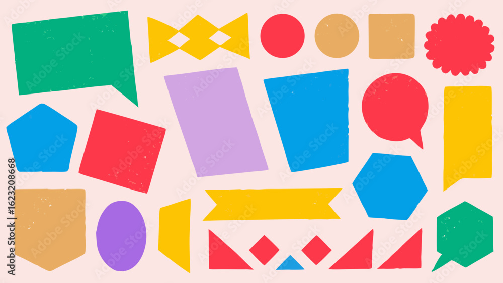 Poster collection of various colorful geometric shapes including speech bubbles and polygons on a light bac