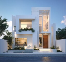 Modern white house facade, geometric design,  evening light