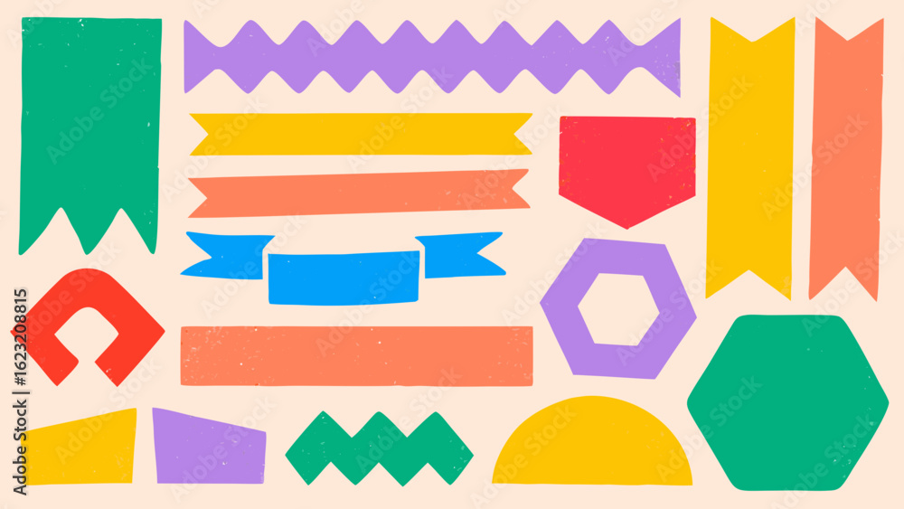 Poster Collection of abstract shapes in various colors arranged on a light background with a textured appearance