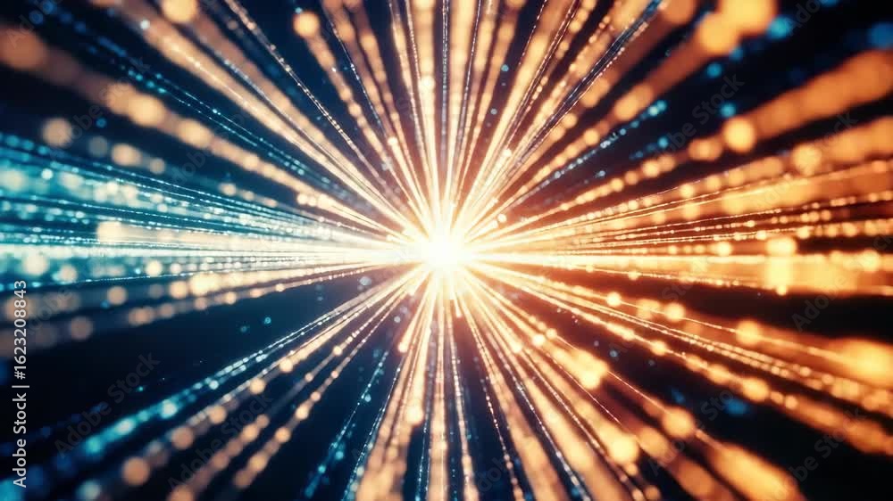 Poster a vibrant explosion of blue and orange light beams radiating from a central point creating a dynamic