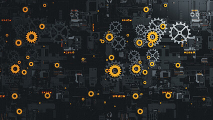 Intricate abstract 3D gear design with vivid orange accents