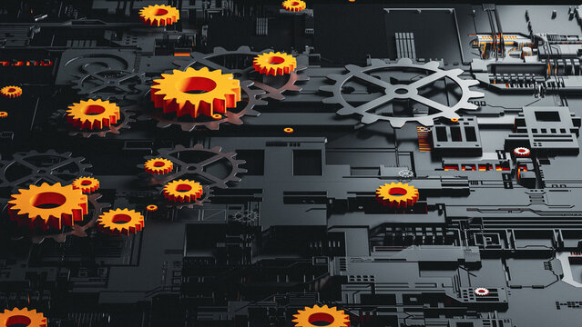 Intricate abstract 3D gear design with vivid orange accents