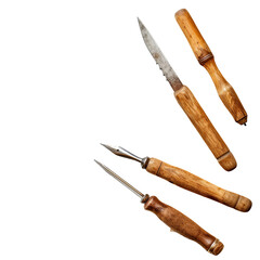 Close-up of vintage woodworking tools with wooden handles.  Several carving and gouging tools, showing aged metal and light-colored wood