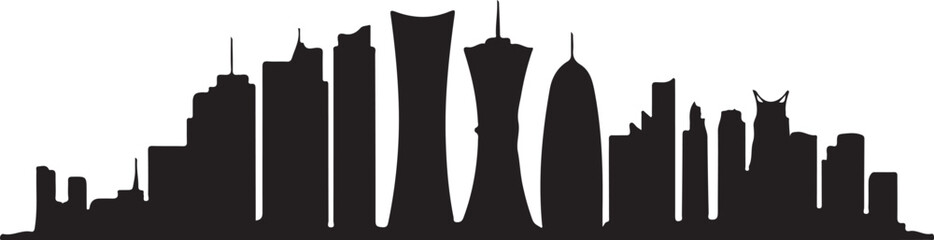 Black Silhouette of Doha Skyline with Aspire Tower and Modern Skyline Cluster