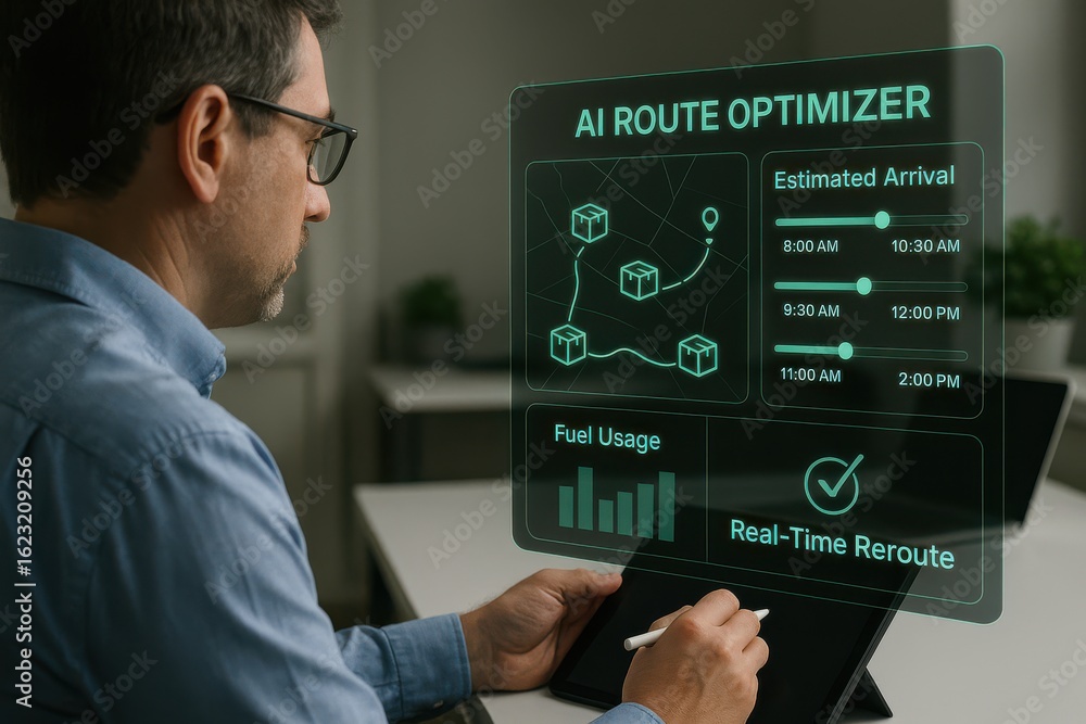 Poster man using ai route optimizer dashboard with real-time reroute, fuel usage graph, and delivery eta sl