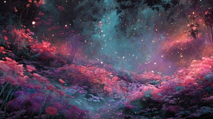 a dreamy night landscape painting featuring flowers, mountains, a river, and a starry sky, perfect for adding a touch of magic