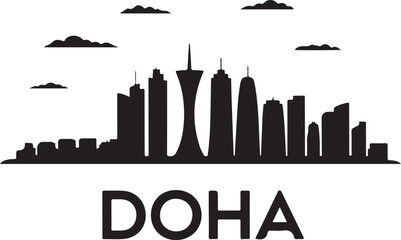 Black Silhouette of Doha Skyline with Aspire Tower and Modern Skyline Cluster