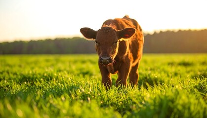 A calf in a grassy field at sunset