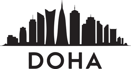 Black Silhouette of Doha Skyline with Aspire Tower and Modern Skyline Cluster