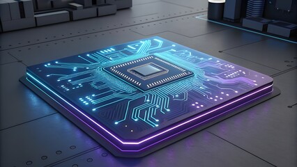 Close up of a glowing futuristic computer processor chip with intricate circuitry and neon blue and purple lights on a metallic surface