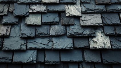 Close-up view of overlapping, dark gray slate roof tiles