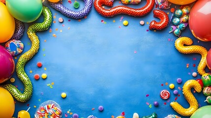 Colorful Birthday Party Balloons, Candy, and Snake Balloons on Blue Background