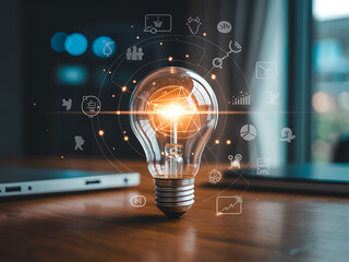 Glowing light bulb with digital network and icons idea