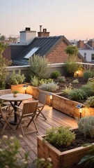 Fototapeta premium Roof Garden with Wooden Deck and Planters at Sunset