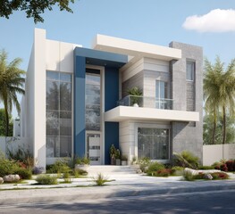 Modern two-story house with blue accents, stone facade, and glass
