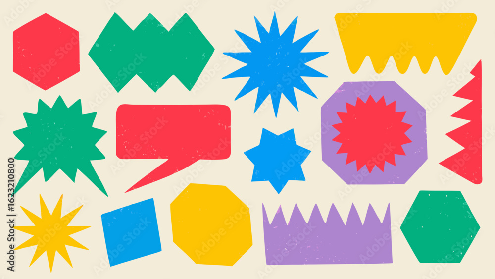 Aufkleber collection of colorful geometric shapes arranged randomly on a light background in a playful style