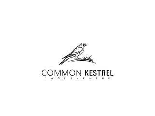 Elegant black and white vector illustration of a soaring common kestrel in flight with outstretched wings, perfect for birdwatching enthusiasts, nature lovers, and wildlife branding use.

