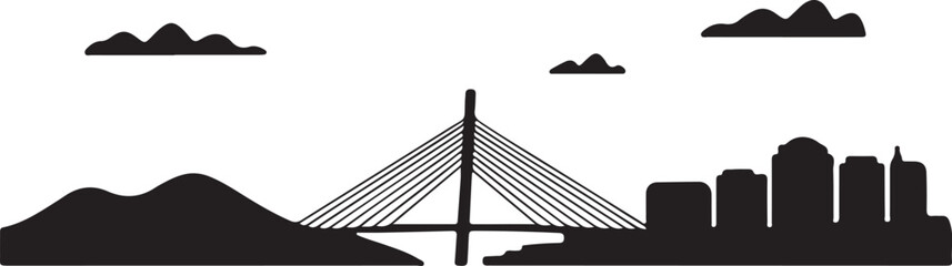 Black Silhouette of Podgorica Skyline with Millennium Bridge and Mountain Background