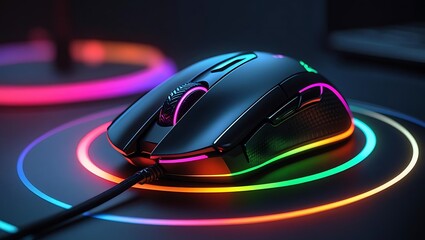 Black gaming mouse with vibrant rainbow illumination computer peripheral