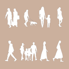Group of people silhouettes. Premium collection of modern people silhouettes in dynamic everyday activities like walking, sitting, traveling, and photographing.