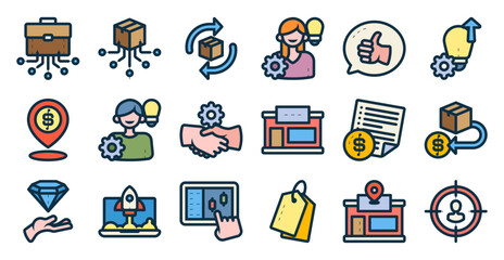 Startup icon set related to business, company, project, office, teamwork, corporate, innovation, and others. vector illustration with lineal color style